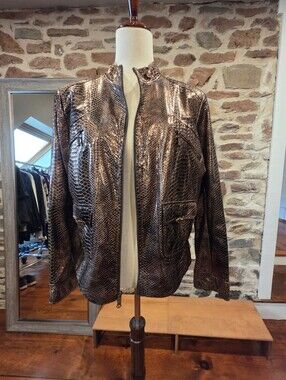 St JOHN Couture Metallic Brown Snake-Effect Leather Biker Jacket